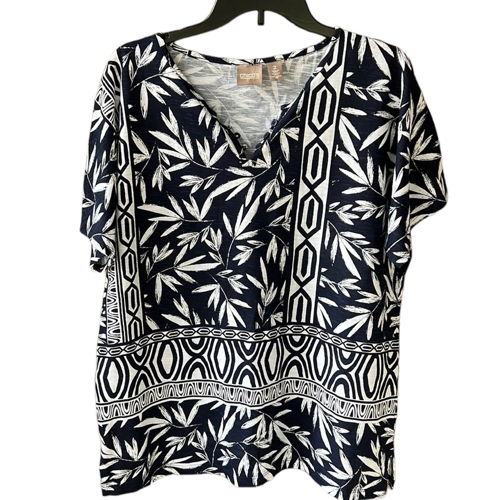 Chico’s Large 100% Cotton Mixed Geo Print Casual Beachy Navy White Like New